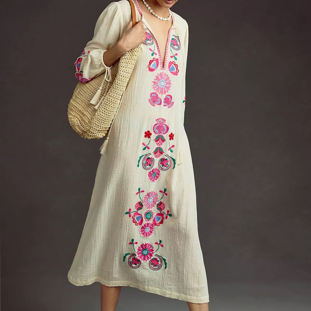 Anthropology Cream Dress with Colorful Embroidery - Picture 4 of 4